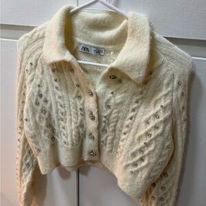 Zara diamond embellished fuzzy top with collar neck detail